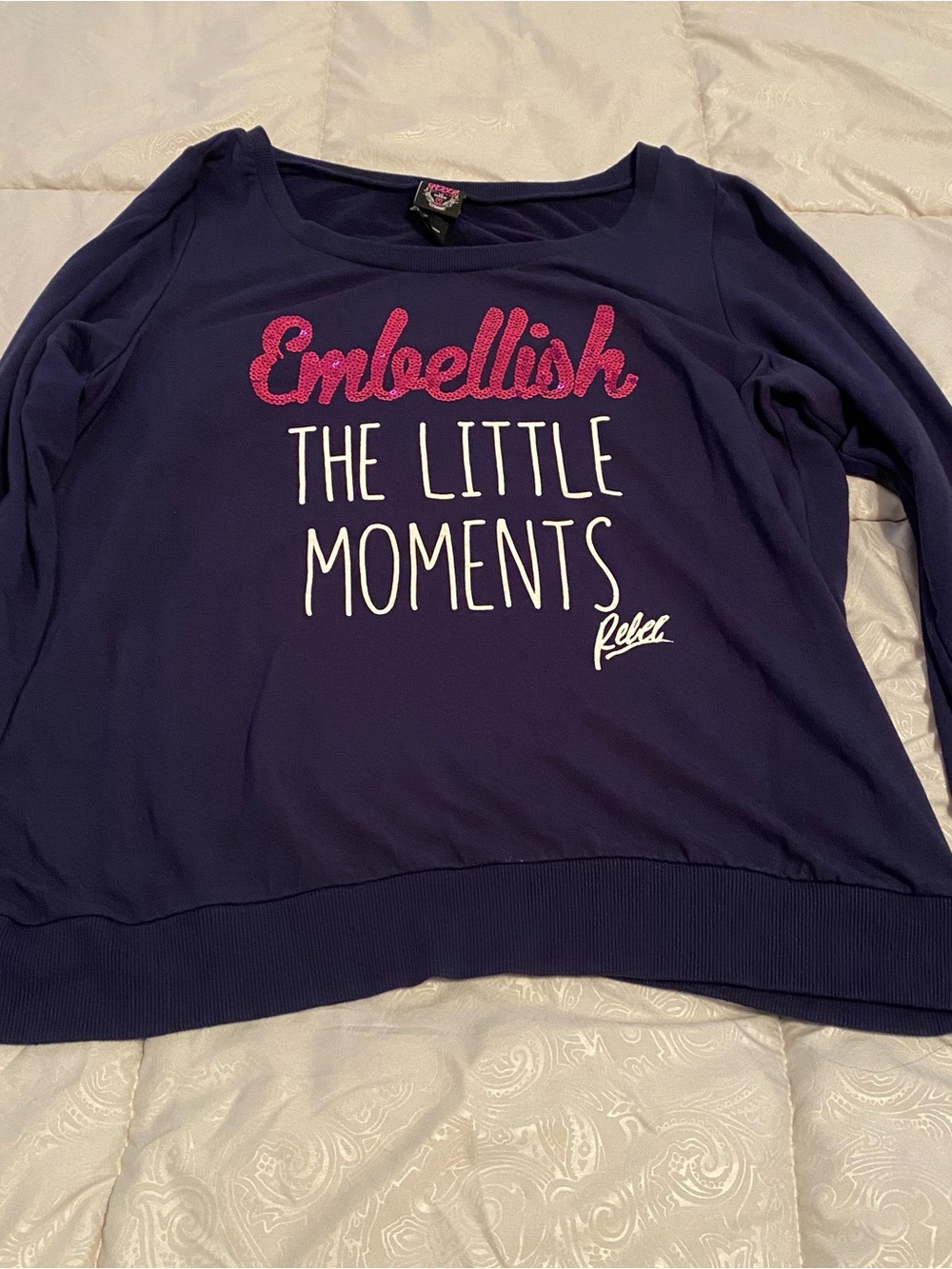 torrid Navy Sweatshirt with Pink 'Embellish' Script